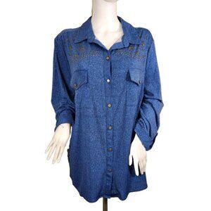 Slim Factor Womens Size 2 X Top Button Up Blouse Stretch,Roll Tab Plus Blue -23